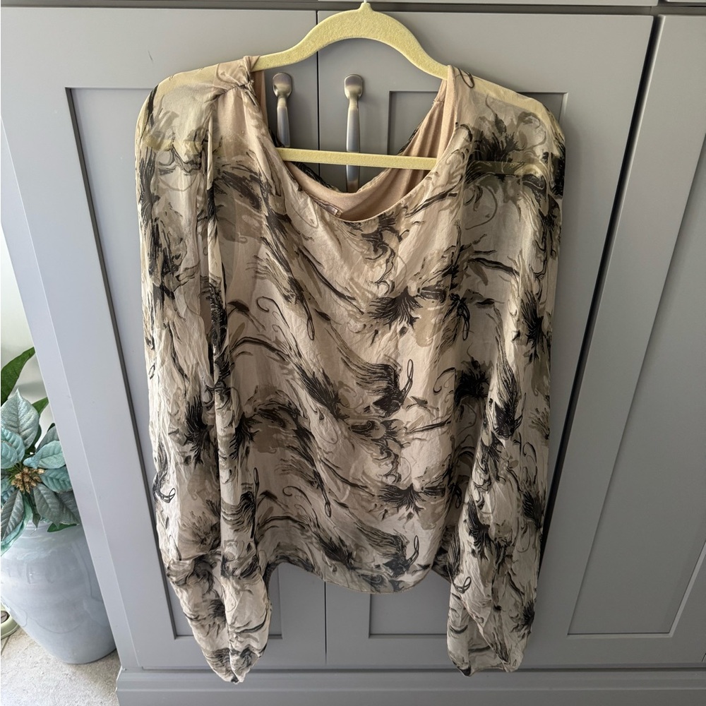 Tan and Brown Asymmetrical Long Sleeve Blouse